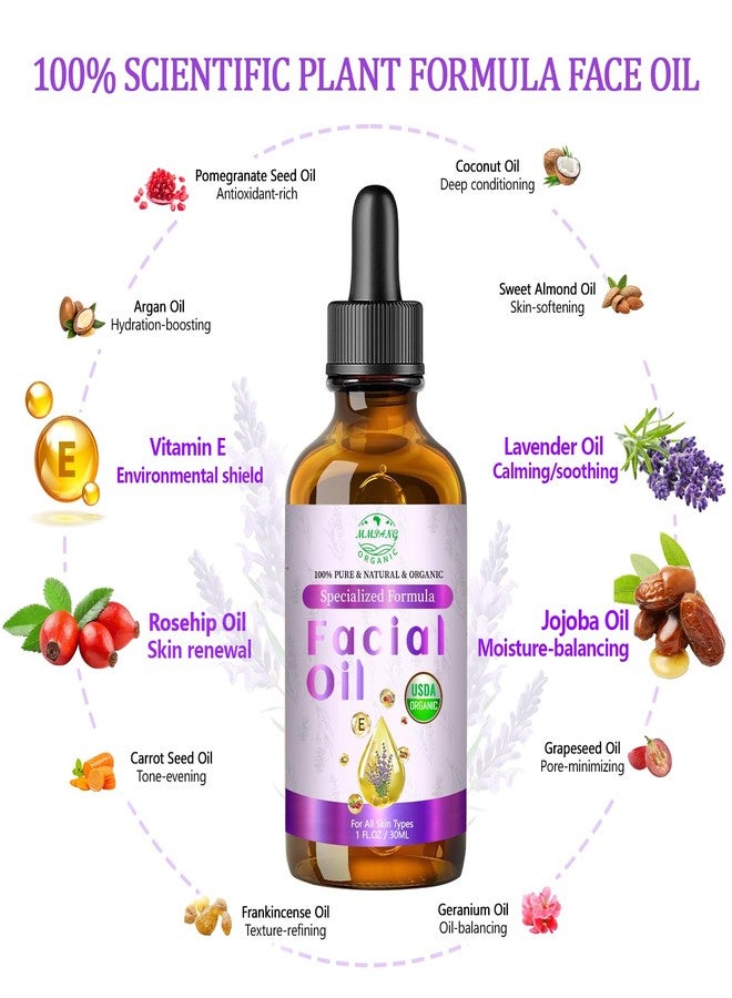 MMPANG Organic Face Oil with Lavender, Rosehip, Frankincense, Pomegranate & Vitamin E - USDA Certified Cold Pressed 100% Natural Anti-Aging Facial Oil for Moisturizing, Brightening - 1oz / 30ml - Image 3